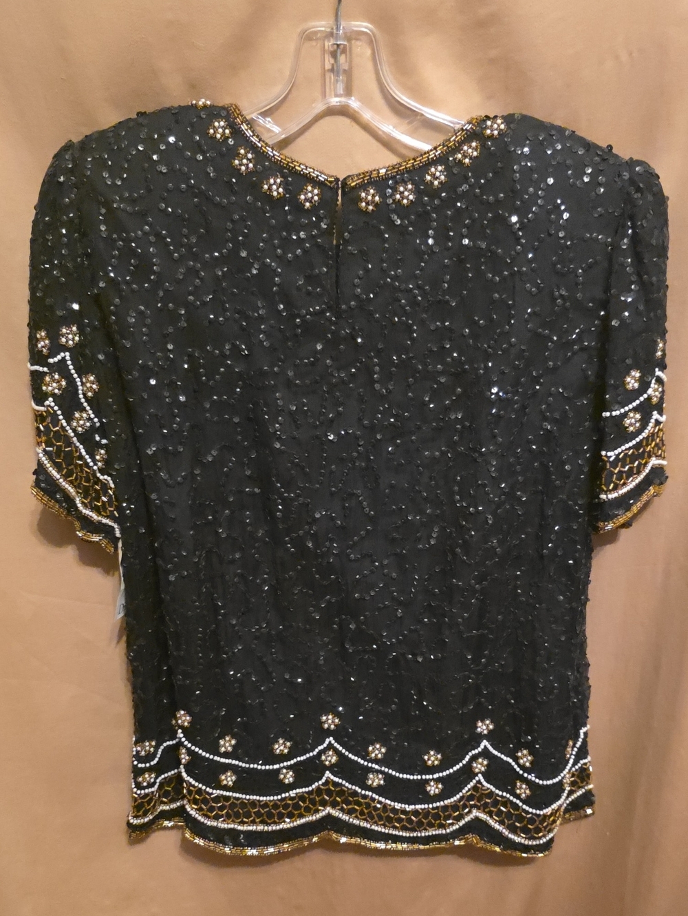 Ladies' Laurence Kazar Black Silk Beaded Short Sleeve Evening Top XL - Picture 4 of 4